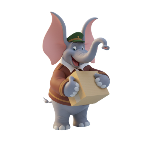 Mascotte éléphant DumBoo tenant un colis, portant une casquette de livreur